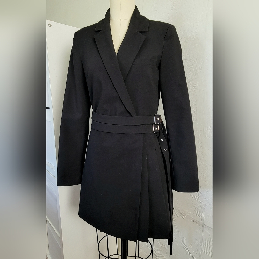 ZARA Size S Black Double Belted Blazer Dress with Pleated Mini Skirt